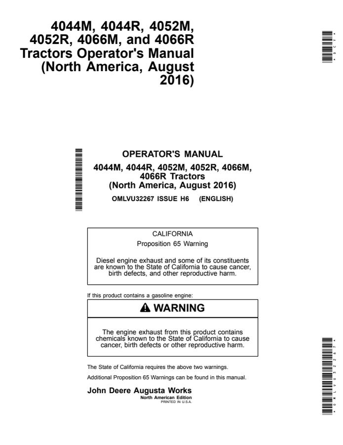 John Deere 4044M/4044R/4052M/4052R/4066M/4066R Tractor Operator manual OMLVU32267 — actual manual cover