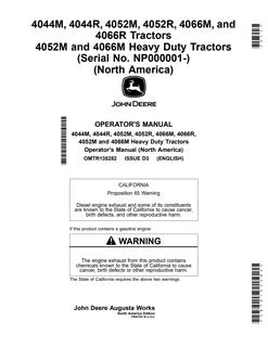 John Deere 4044M, 4044R, 4052M, 4052R, 4066M, 4066R Tractor Operator's manual OMTR135282 — actual manual cover