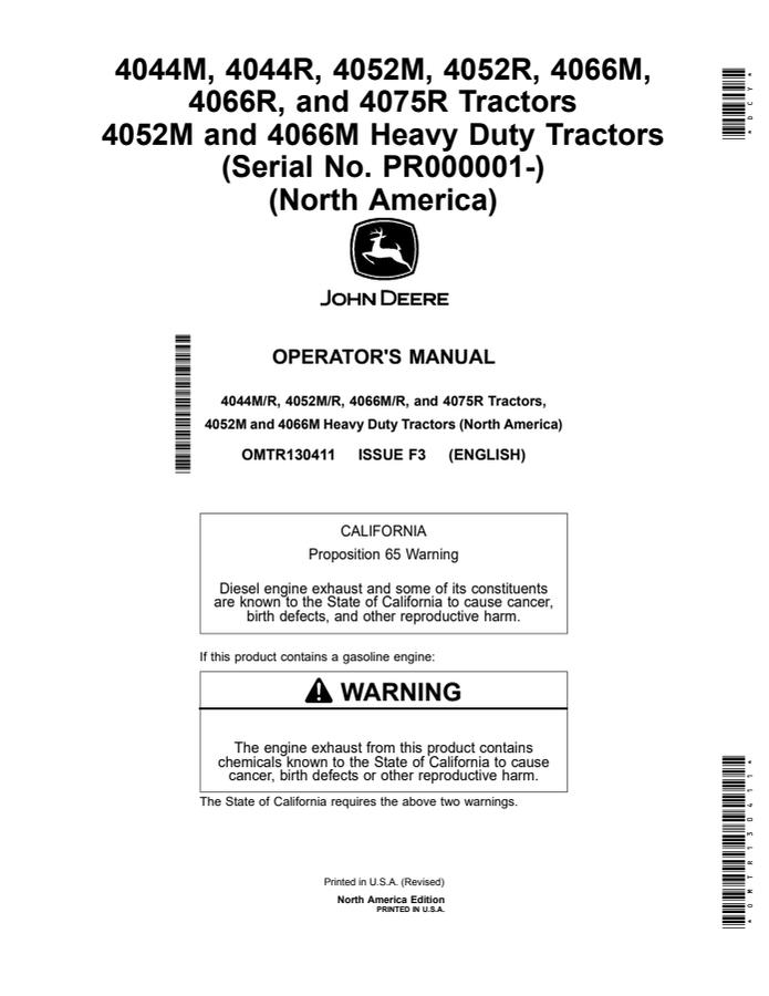 John Deere 4044M/R/4052M/R/4066M/R/4075R Tractor Operator manual OMTR130411 — actual manual cover