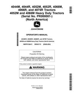 John Deere 4044M/R/4052M/R/4066M/R/4075R Tractor Operator manual OMTR130411 — actual manual cover