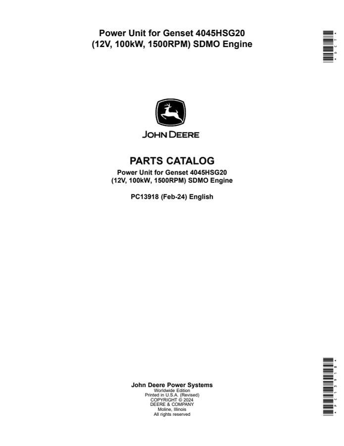 John Deere 4045HSG20, 12V, 100kW, 1500RPM, SDMO engine Engine/power unit Parts catalog PC13918 — actual manual cover