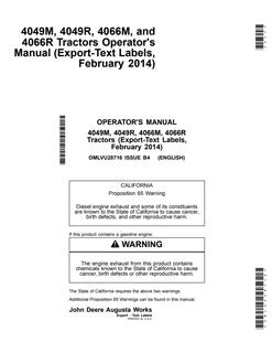 John Deere 4049M/4049R/4066M/4066R Tractor Operator manual OMLVU28716 — actual manual cover
