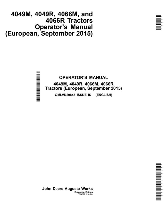 John Deere 4049M, 4049R, 4066M, 4066R Tractor Operator manual OMLVU29847 — actual manual cover