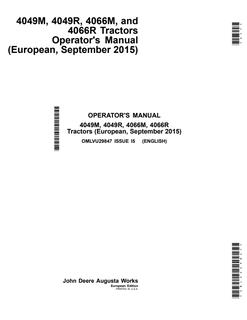 John Deere 4049M, 4049R, 4066M, 4066R Tractor Operator manual OMLVU29847 — actual manual cover