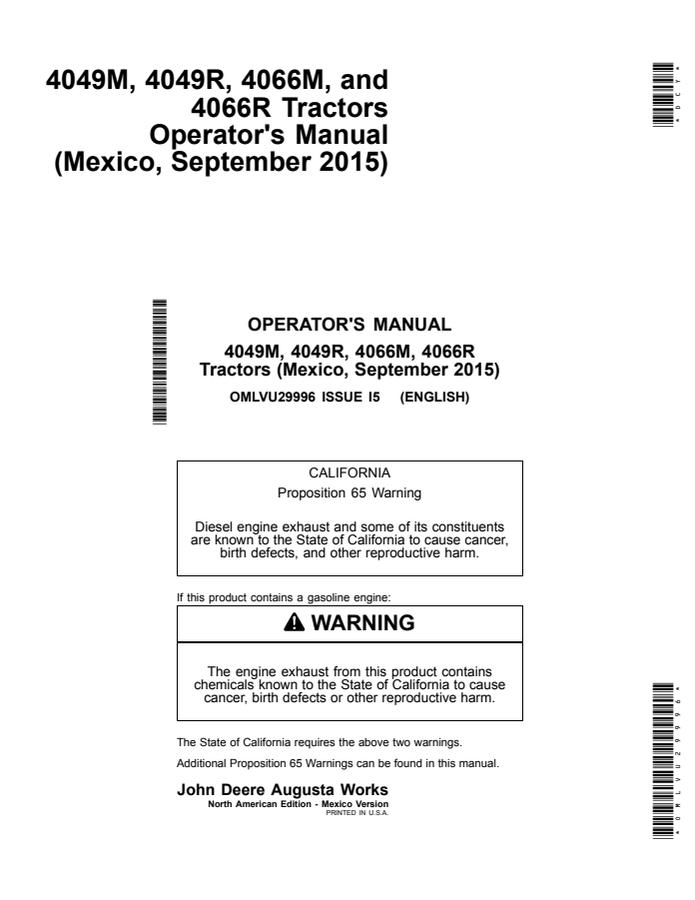 John Deere 4049M/4049R/4066M/4066R Tractor Operator manual OMLVU29996 — actual manual cover