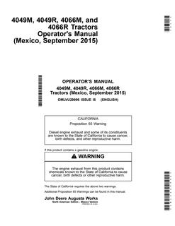 John Deere 4049M/4049R/4066M/4066R Tractor Operator manual OMLVU29996 — actual manual cover