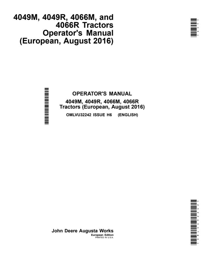 John Deere 4049M/4049R/4066M/4066R Tractor Operator manual OMLVU32242 — actual manual cover