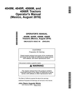 John Deere 4049M/4049R/4066M/4066R Tractor Operator manual OMLVU32270 — actual manual cover