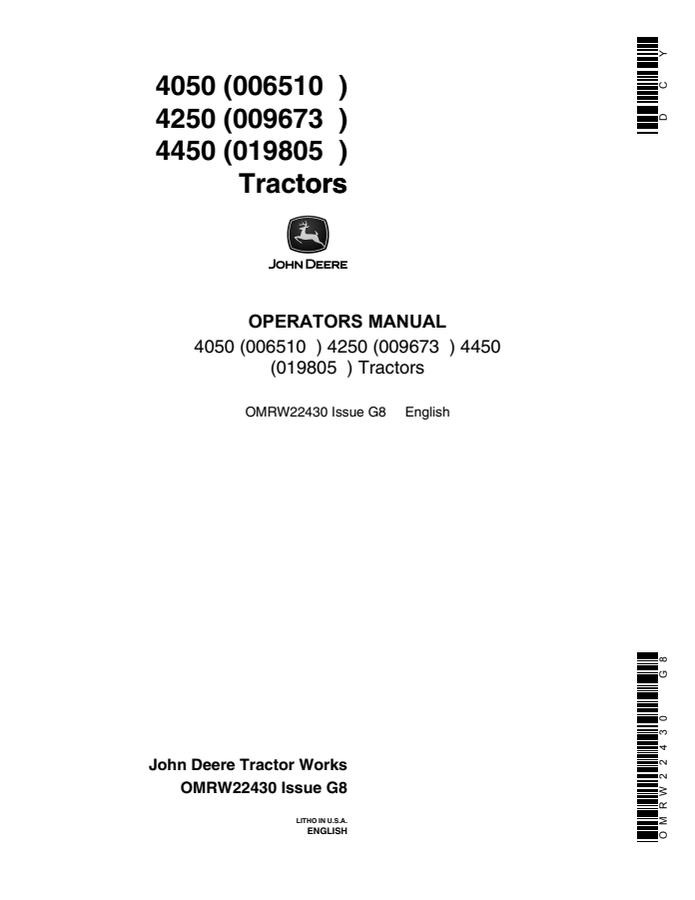 John Deere 4050/4250/4450 Tractor Operator manual OMRW22430 — actual manual cover