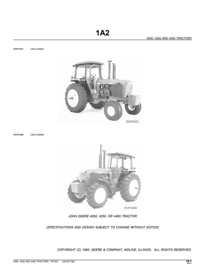 John Deere 4050, 4250, 4450 Tractor Parts catalog PC1901 — actual manual cover