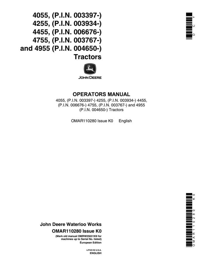 John Deere 4055/4255/4455/4755/4955 Tractor Operator manual OMAR110280 — actual manual cover