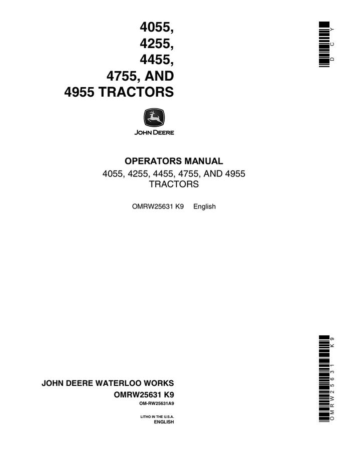 John Deere 4055/4255/4455/4755/4955 Tractor Operator manual OMRW25631 — actual manual cover