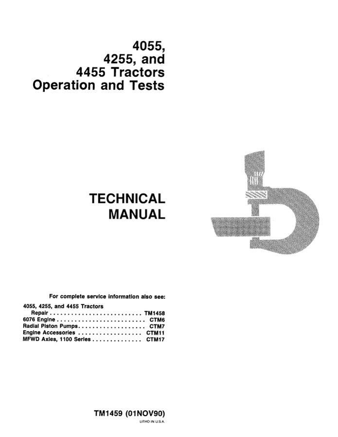 John Deere 4055, 4255, 4455 Tractor Operation and tests technical manual TM1459 — actual manual cover