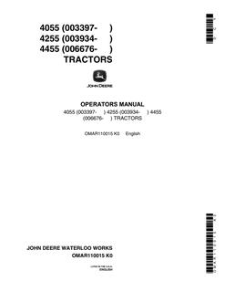 John Deere 4055/4255/4455 Tractor Operator manual OMAR110015 — actual manual cover