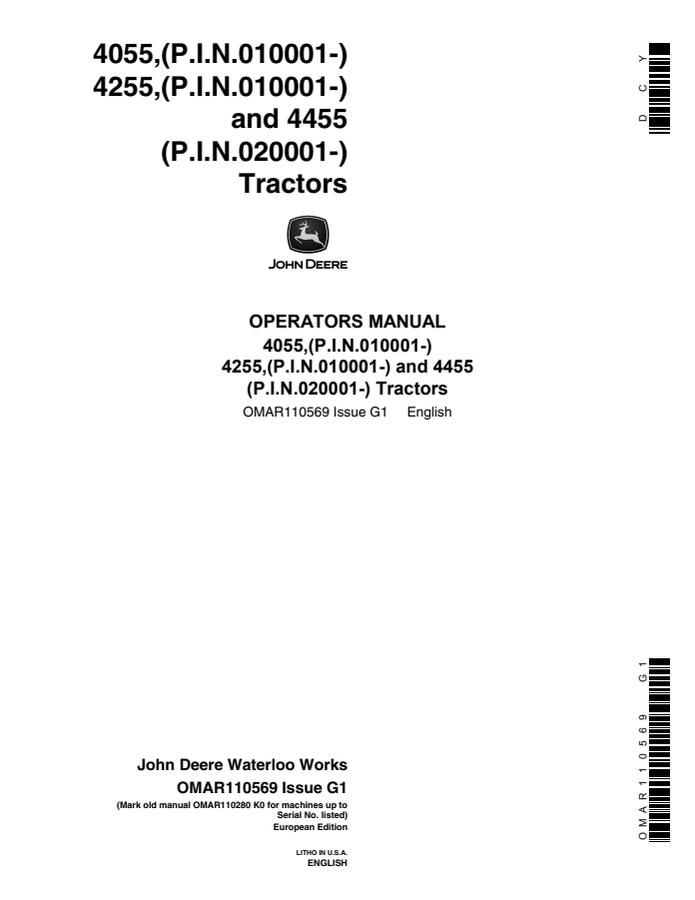 John Deere 4055/4255/4455 Tractor Operator manual OMAR110569 — actual manual cover