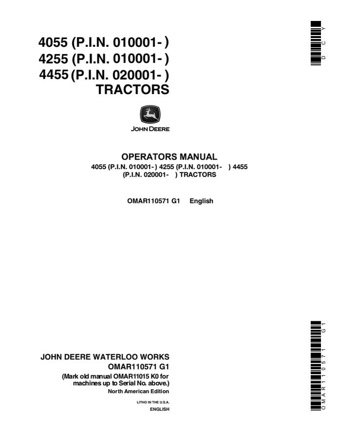 John Deere 4055/4255/4455 Tractor Operator manual OMAR110571 — actual manual cover