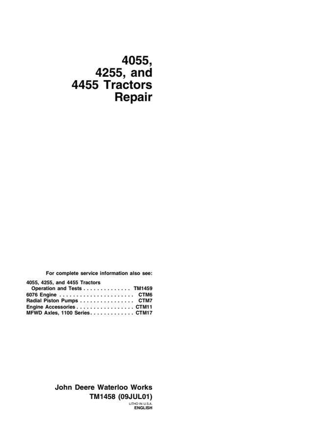 John Deere 4055, 4255, 4455 Tractor Repair technical manual TM1458 — actual manual cover