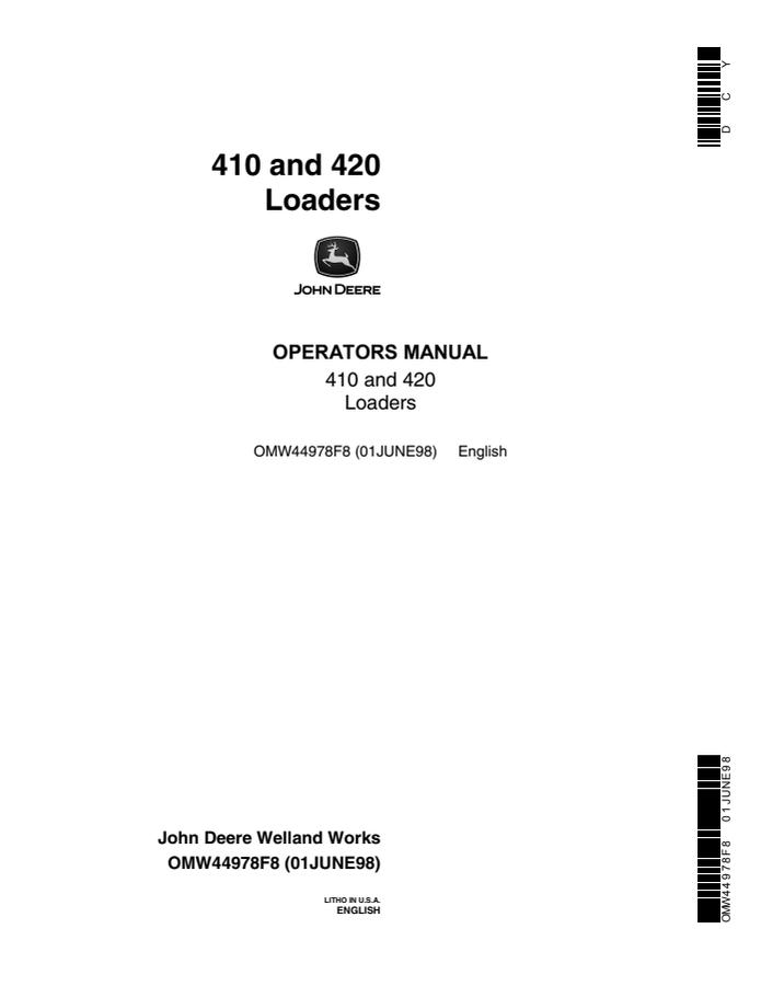 John Deere 410/420 Loader Operator manual OMW44978 — actual manual cover