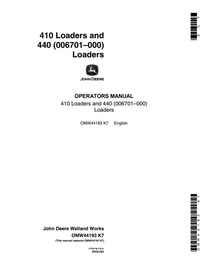 John Deere 410/440 Loader Operator manual OMW44193 — actual manual cover