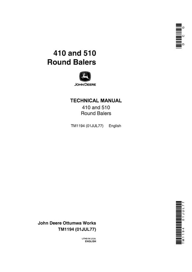 John Deere 410, 510 Round Baler Technical Manual TM1194 — actual manual cover