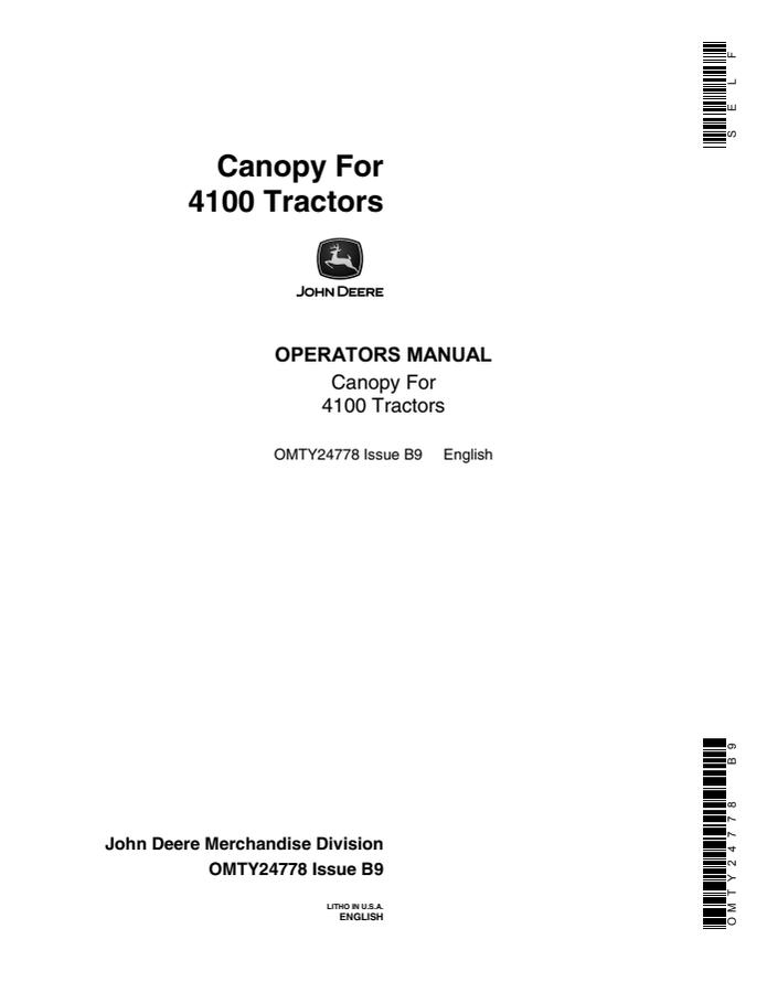 John Deere 4100 Canopy Operator manual OMTY24778 — actual manual cover