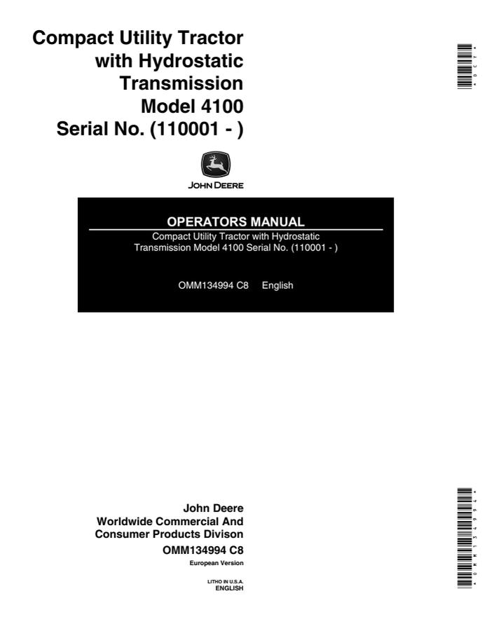 John Deere 4100 Compact utility tractor Operator manual OMM134994 — actual manual cover