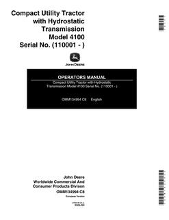 John Deere 4100 Compact utility tractor Operator manual OMM134994 — actual manual cover