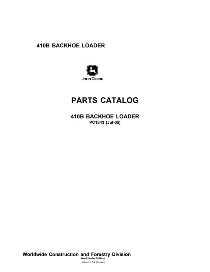 John Deere 410B Backhoe loader Parts catalog PC1843 — actual manual cover