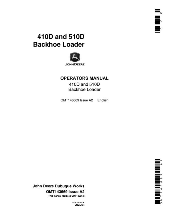 John Deere 410D/510D Backhoe loader Operator manual OMT143669 — actual manual cover
