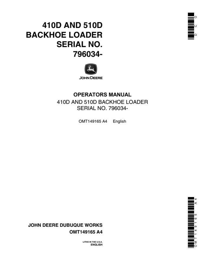 John Deere 410D/510D Backhoe loader Operator manual OMT149165 — actual manual cover