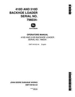 John Deere 410D/510D Backhoe loader Operator manual OMT149165 — actual manual cover