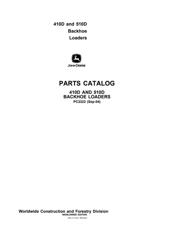 John Deere 410D, 510D Backhoe loader Parts catalog PC2322 — actual manual cover