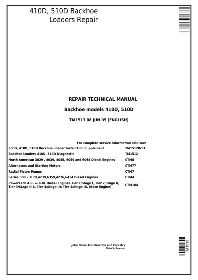 John Deere 410D, 510D Backhoe Loader Repair Technical Manual — actual manual cover