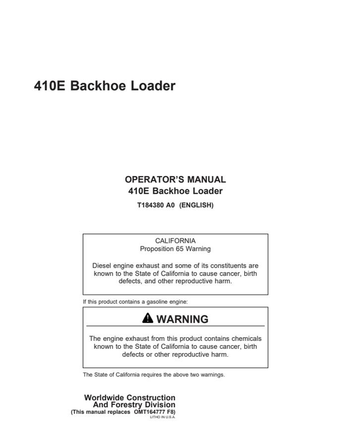John Deere 410E Backhoe loader Operator manual T184380 — actual manual cover