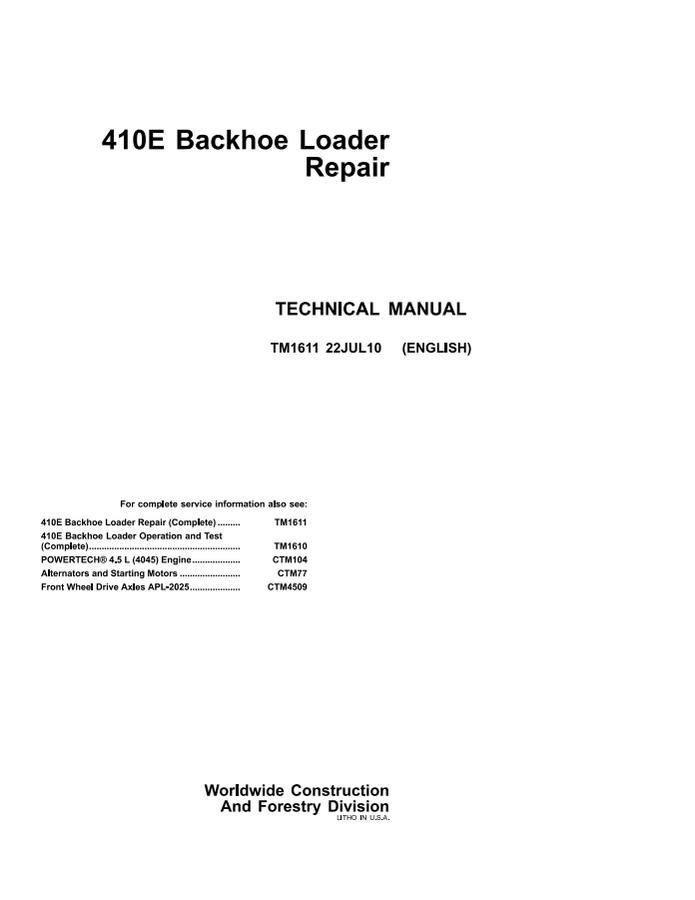 John Deere 410E Backhoe Loader Repair Technical Manual TM1611 — actual manual cover