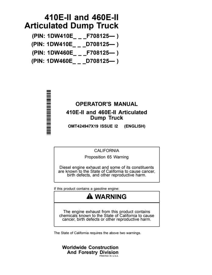 John Deere 410E-II/460E-II Articulated dump truck Operator manual OMT424947X19 — actual manual cover