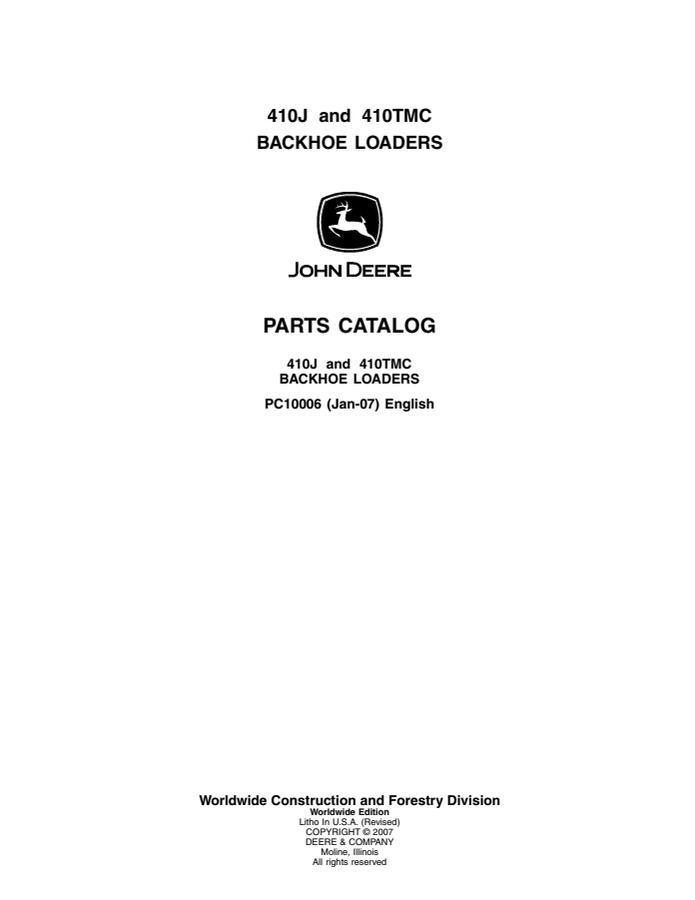 John Deere 410J, 410TMC Backhoe loader Parts catalog PC10006 — actual manual cover