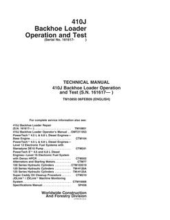 John Deere 410J Backhoe Loader Operation and Test Technical Manual TM10850 — actual manual cover