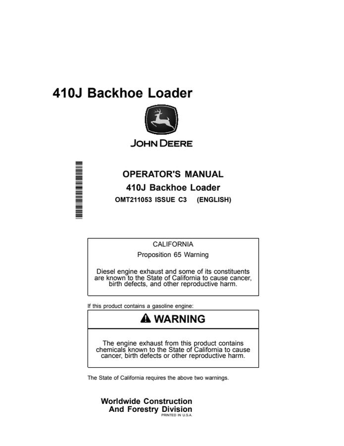 John Deere 410J Backhoe loader Operator manual OMT211053 — actual manual cover