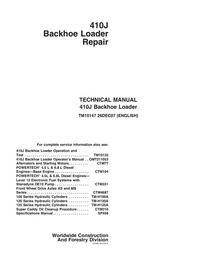 John Deere 410J Backhoe Loader Repair Manual — actual manual cover