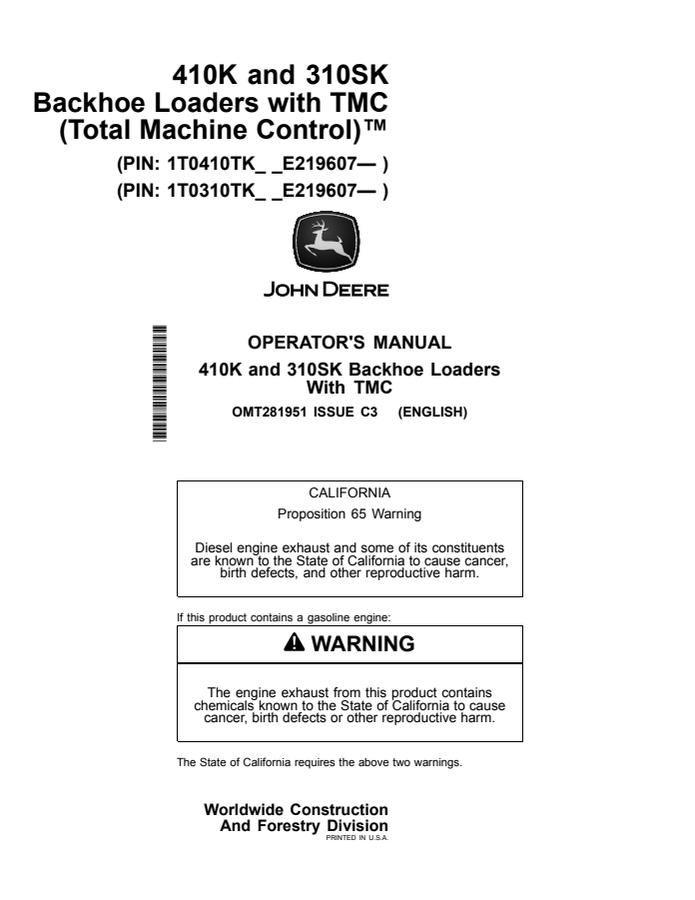 John Deere 410K/310SK Backhoe loader Operator manual OMT281951 — actual manual cover