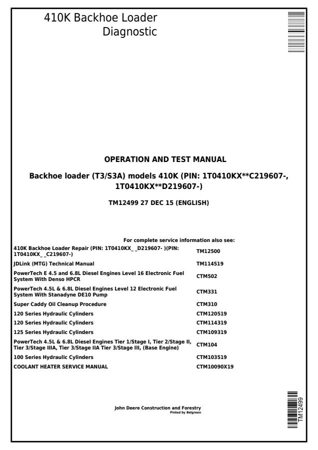 John Deere 410K Backhoe Loader Diagnostic Operation and Test Manual TM12499 — actual manual cover