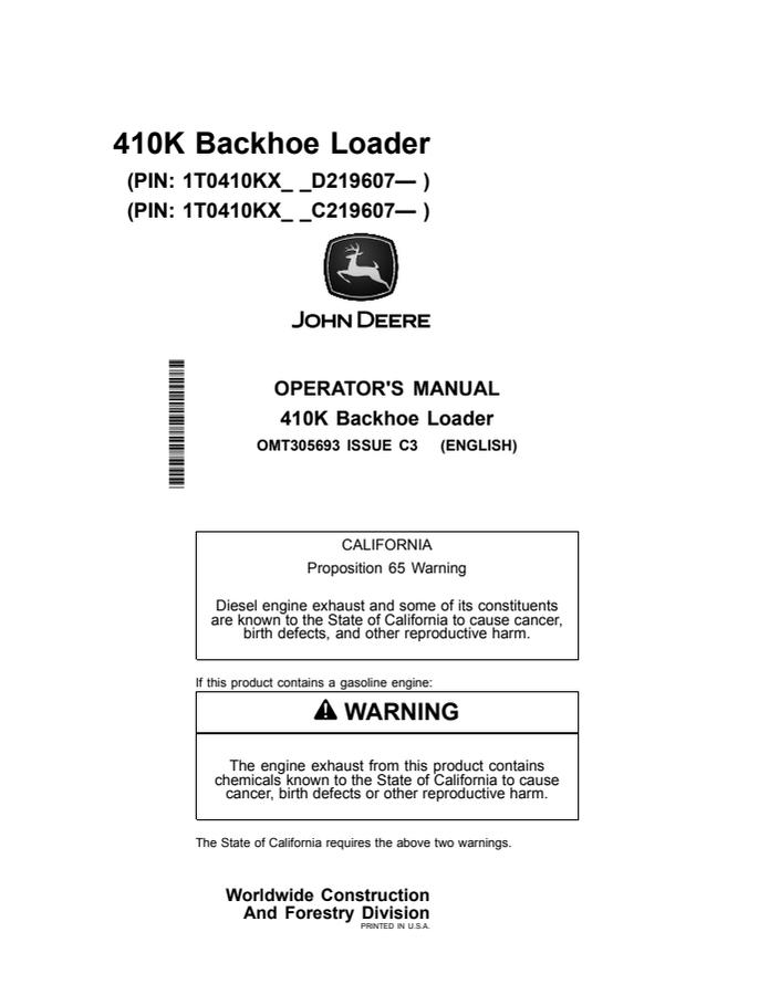 John Deere 410K Backhoe loader Operator's manual OMT305693 — actual manual cover
