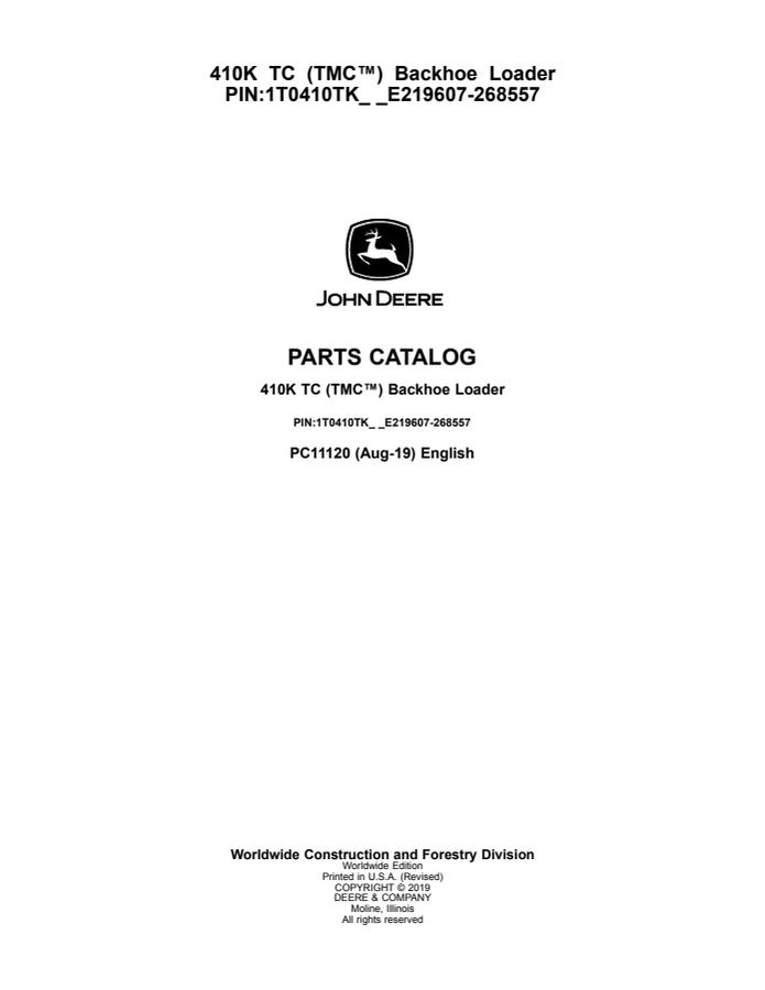John Deere 410K TC Backhoe loader Parts catalog PC11120 — actual manual cover
