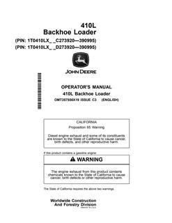 John Deere 410L Backhoe loader Operator manual OMT357556X19 — actual manual cover