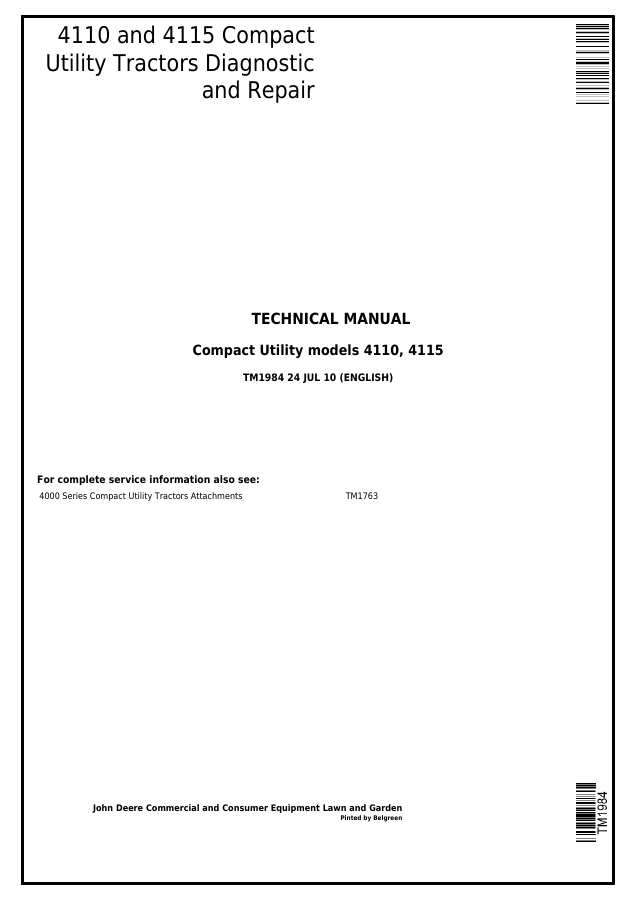 John Deere 4110, 4115 Compact utility tractor Diagnostic and repair technical manual TM1984 — actual manual cover