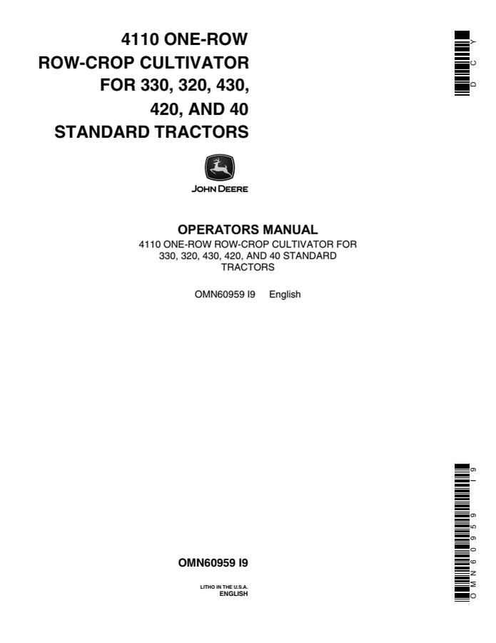 John Deere 4110 Cultivator Operator manual OMN60959 — actual manual cover