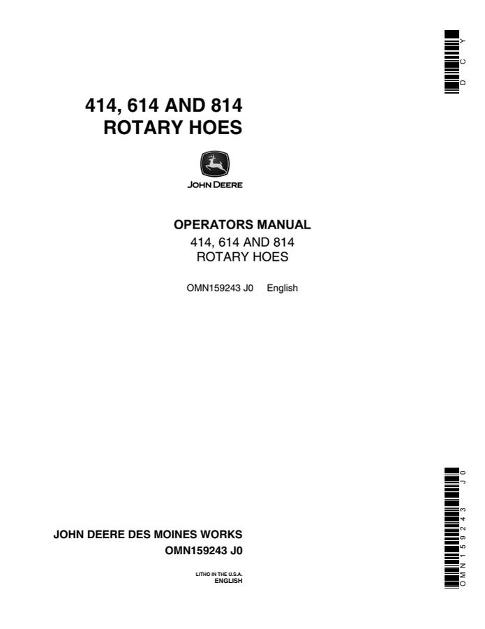 John Deere 414/614/814 Rotary hoe Operator manual OMN159243 — actual manual cover