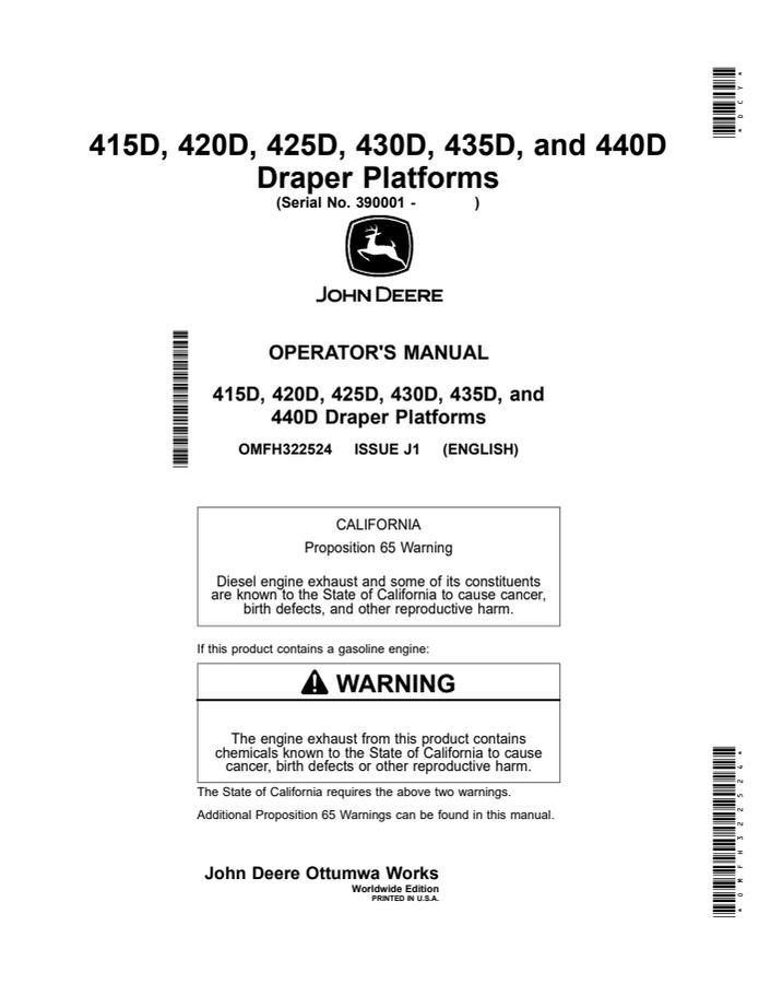 John Deere 415D/420D/425D/430D/435D/440D Draper platform Operator manual OMFH322524 — actual manual cover