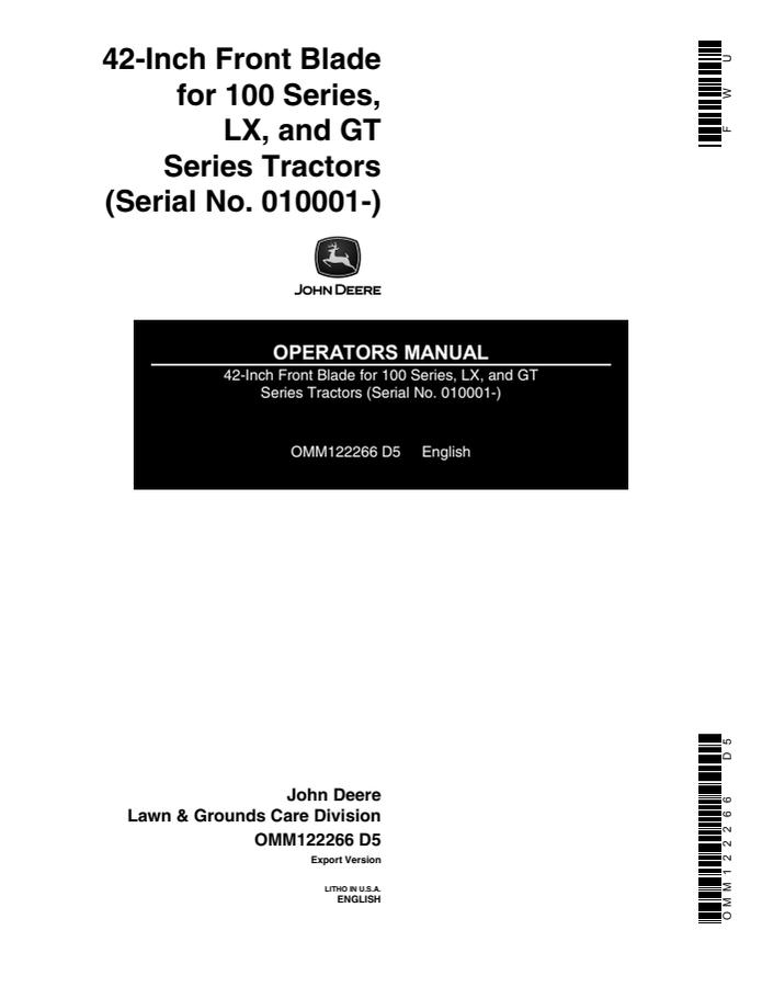 John Deere 42-inch Front blade Operator manual OMM122266 — actual manual cover